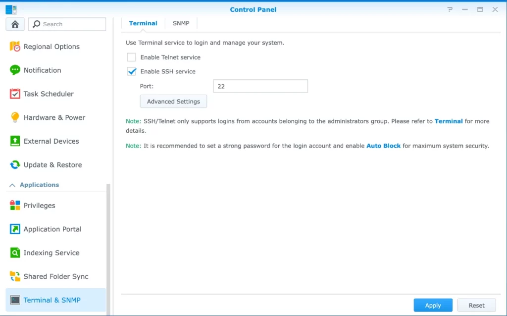 SynologyでSSHを有効化