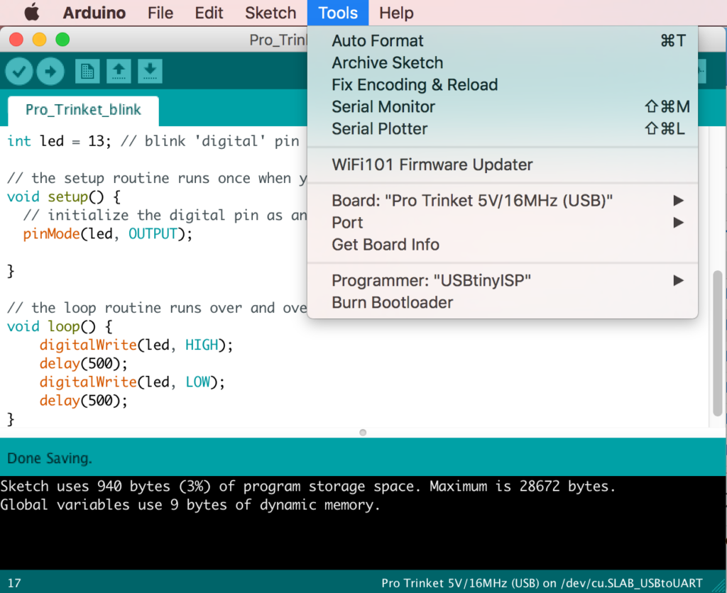 Adafruit Pro Trinket 5V への Arduino IDE からの USB 接続書き込み設定 lunaticsol
